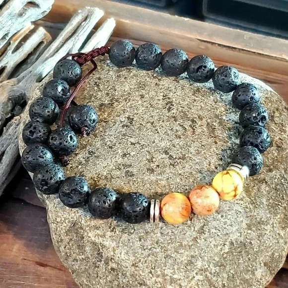 Handcrafted Chakra Bracelet Yellow Aqua Terra Jasper Black Lava - Picture 1 of 8